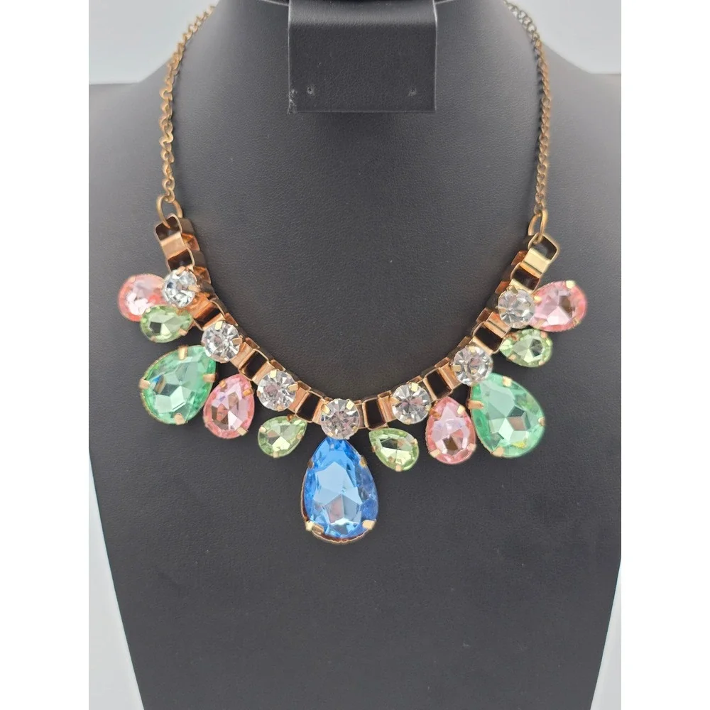 Multicolor‎ Statement Bib Necklace Gold Tone Teardrop Round Faceted Rhinestone